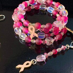 Breast cancer awareness glass and acrylic beaded coil bracelet and earring set
